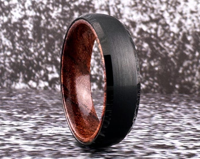 Wood and Black Tungsten Ring for Men Women, Black Tungsten Rosewood Wedding Band for Him Her, Tungsten Ring Wood Inside, Black Ring for Men