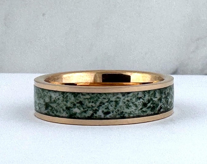 Moss Agate Rose Gold Tungsten Ring Wedding Band for Men Women, 6MM Green Moss Agate Band, Rose Gold Wedding Band Men, Couples Wedding Band