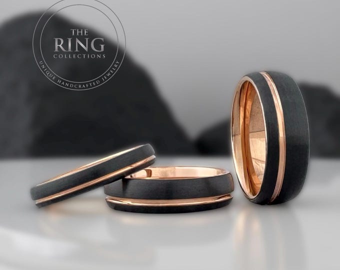 Black Tungsten Carbide Ring Wedding Band with Rose Gold Groove and Inside for Men or Women, Domed Matte Brushed Surface, Half Size Available