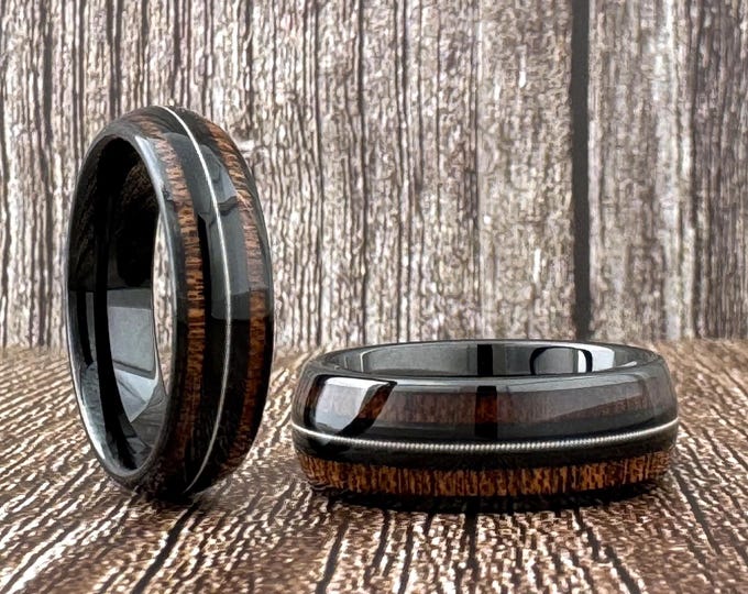 8mm 6mm Black Wedding Band Guitar String and Wood Inlay Men Women, Unique Black Tungsten Ring with Wood and Guitar String, Gift for Him Her