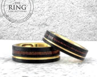 Black Tungsten Band with Wood Inlay and Gold Strip, Black Wedding Band for Men Women, Black Tungsten Ring for Men Women, 6MM 8MM, Black Ring