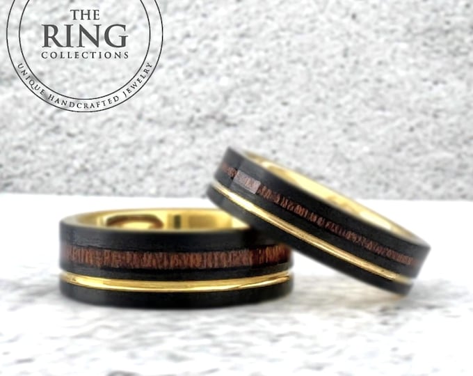 Black Tungsten Band with Wood Inlay and Gold Strip, Black Wedding Band for Men Women, Black Tungsten Ring for Men Women, 6MM 8MM, Black Ring