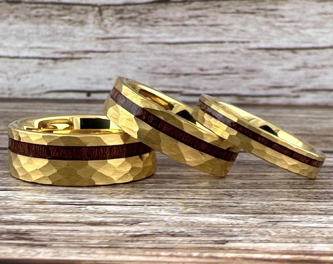 Gold Hammered Tungsten Ring for Men Women, Gold Tungsten Ring with Koa Wood, Gold Wedding Band Men Women, Gold Koa Wood Ring, Anniversary