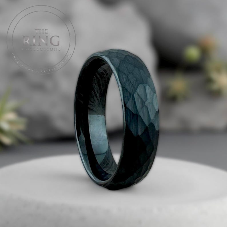 Black Hammered Tungsten Ring, Men Women Wedding Band Set, Comfort Fit image 3