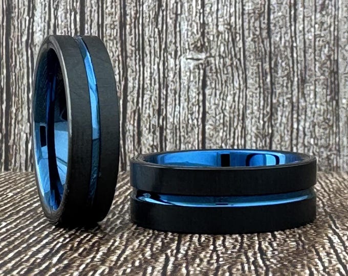 Black Blue Tungsten Ring Men's Wedding Band 8MM 6MM Male Birthday Anniversary Gift Police Ring Proposal Engagement Ring