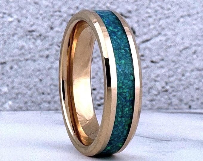 Rose Gold Tungsten Ring Wedding Band with Green Opal Inlay, 6mm Rose Gold Tungsten Wedding Band, Green Opal Ring Wedding Band for Men Women