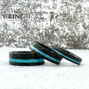 Black and Turquoise Hammered Tungsten Ring for Men Women, Black Wedding Band for Men Women, Black Ring with Turquoise Inlay, Turquoise Ring