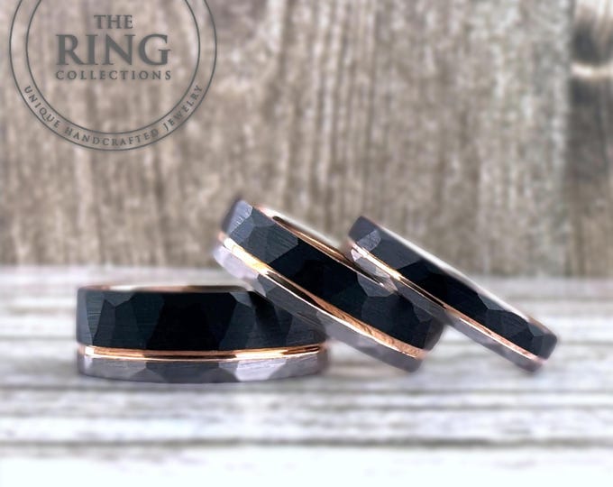Hammered Black Silver and Rose Gold Tungsten Carbide Ring Wedding Band for Men Women, Available in 4mm 6mm 8mm and Half Sizes 4 to 15