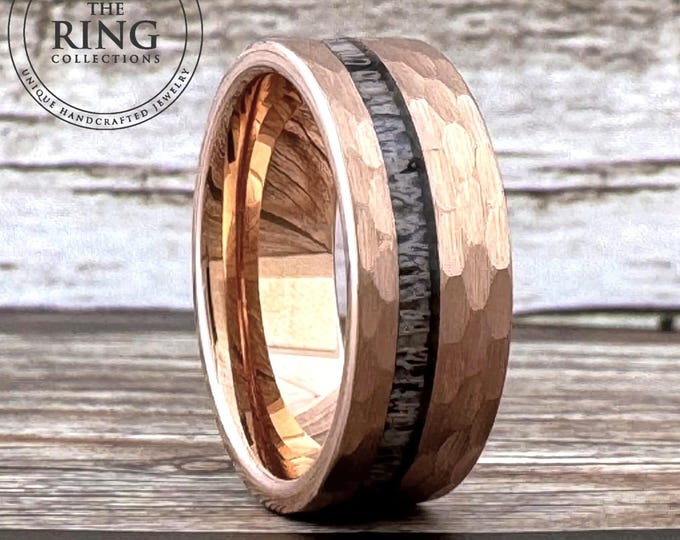 Hammered Deer Antler Wedding Band Rose Gold Tungsten Ring for Men Women Size 5 to 15 Brushed Finish Width 6mm 8mm
