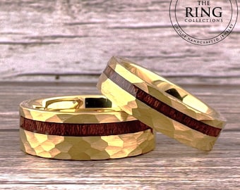 Gold Tungsten Ring with Wood Inlay, Gold Hammered Tungsten Ring for Men Women, Gold Wedding Band for Men Women, Gold Wood Ring Band for Men