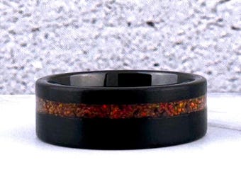 8MM Black Tungsten Carbide Ring Wedding Band with Red Opal for Men and Women, Perfect Gift Him and Her on Anniversary, Birthday, Christmas