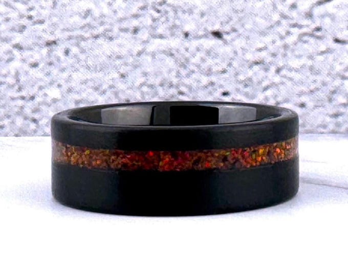 8MM Black Tungsten Carbide Ring Wedding Band with Red Opal for Men and Women, Perfect Gift Him and Her on Anniversary, Birthday, Christmas