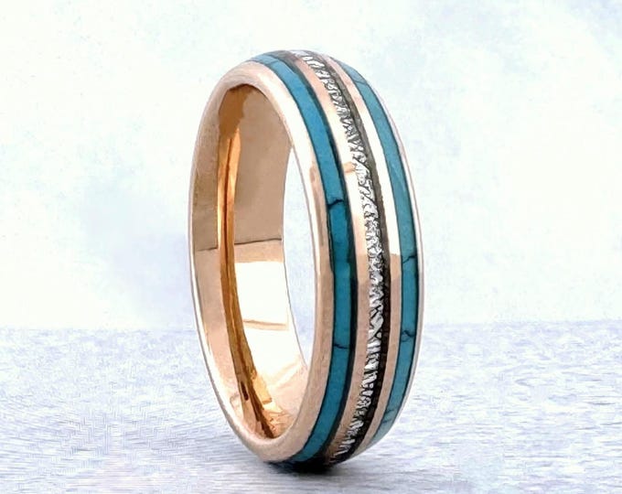Rose Gold Turquoise and Meteorite Tungsten Ring Wedding Band for Men Woman. 8mm and/or 6mm in Sizes 5 to 15, half sizes available
