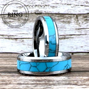 Turquoise Ring for Men Women, Tungsten Turquoise Wedding Band for Him Her, Silver Finish Turquoise Ring, 4MM 6MM 8MM, Anniversary Ring Gift