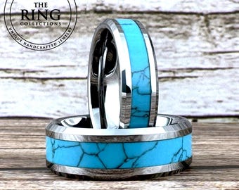 Silver Turquoise Tungsten Ring Wedding Band for Men Women, Silver Finish. Available in 4MM 6MM 8MM, Sizes 4 to 15 (half sizes available).