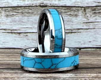 Silver Turquoise Tungsten Ring Wedding Band for Men Women, Silver Finish. Available in 4MM 6MM 8MM, Sizes 4 to 15 (half sizes available).