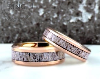 Rose Gold Deer Antler Tungsten Ring, Rose Gold Wedding Band for Men Women, Deer Antler Ring, Tungsten Ring Band, 6MM 8MM Half Sizes 5 to 15
