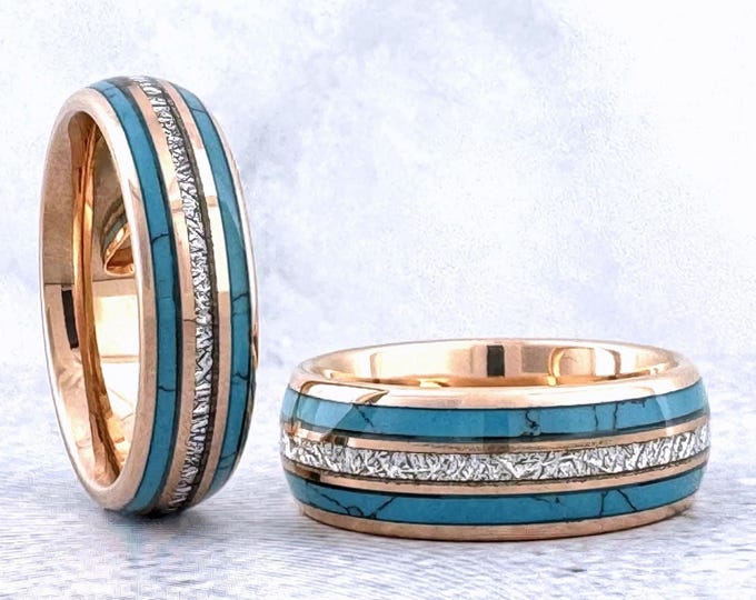 Rose Gold Turquoise and Meteorite Tungsten Ring Wedding Band for Men Woman. 8mm and/or 6mm in Sizes 5 to 15, half sizes available