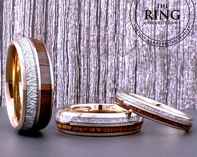 Wood Wedding Ring Meteorite Inlay Men Women Tungsten Band Rose Gold High Polish Finish Comfort Fit Ring 8mm 6mm 4mm Width