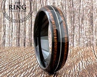 Black Wedding Band with Guitar String and Wood Inlay Men Women, Unique Black Tungsten Ring Wood and Guitar String, Anniversaries, Birthdays