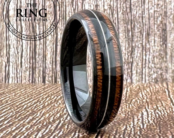 Black Tungsten Wedding Band: Guitar String Koa Wood Inlay