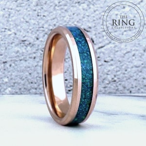 Rose Gold Tungsten Ring Wedding Band with Green Opal Inlay, 6mm Rose Gold Tungsten Wedding Band, Green Opal Ring Wedding Band for Men Women