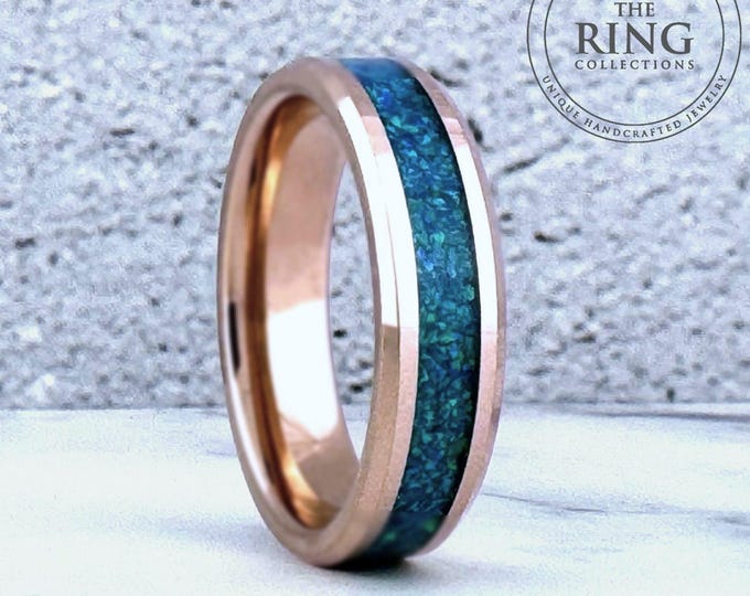 Rose Gold Tungsten Ring Wedding Band with Green Opal Inlay, 6mm Rose Gold Tungsten Wedding Band, Green Opal Ring Wedding Band for Men Women