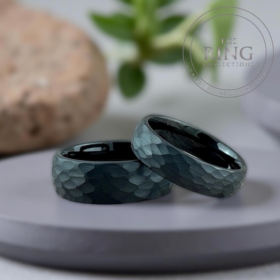Black Hammered Tungsten Ring, Men Women Wedding Band Set, Comfort Fit