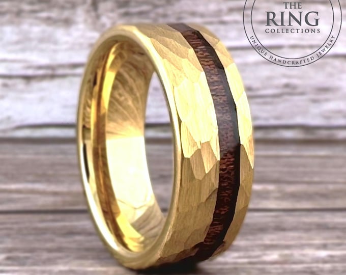 Wedding Band for Men & Women Gold Ring with Wood Inlay Hammered Brushed Finished Tungsten Carbide His Anniversary Gift Her Proposal Ring