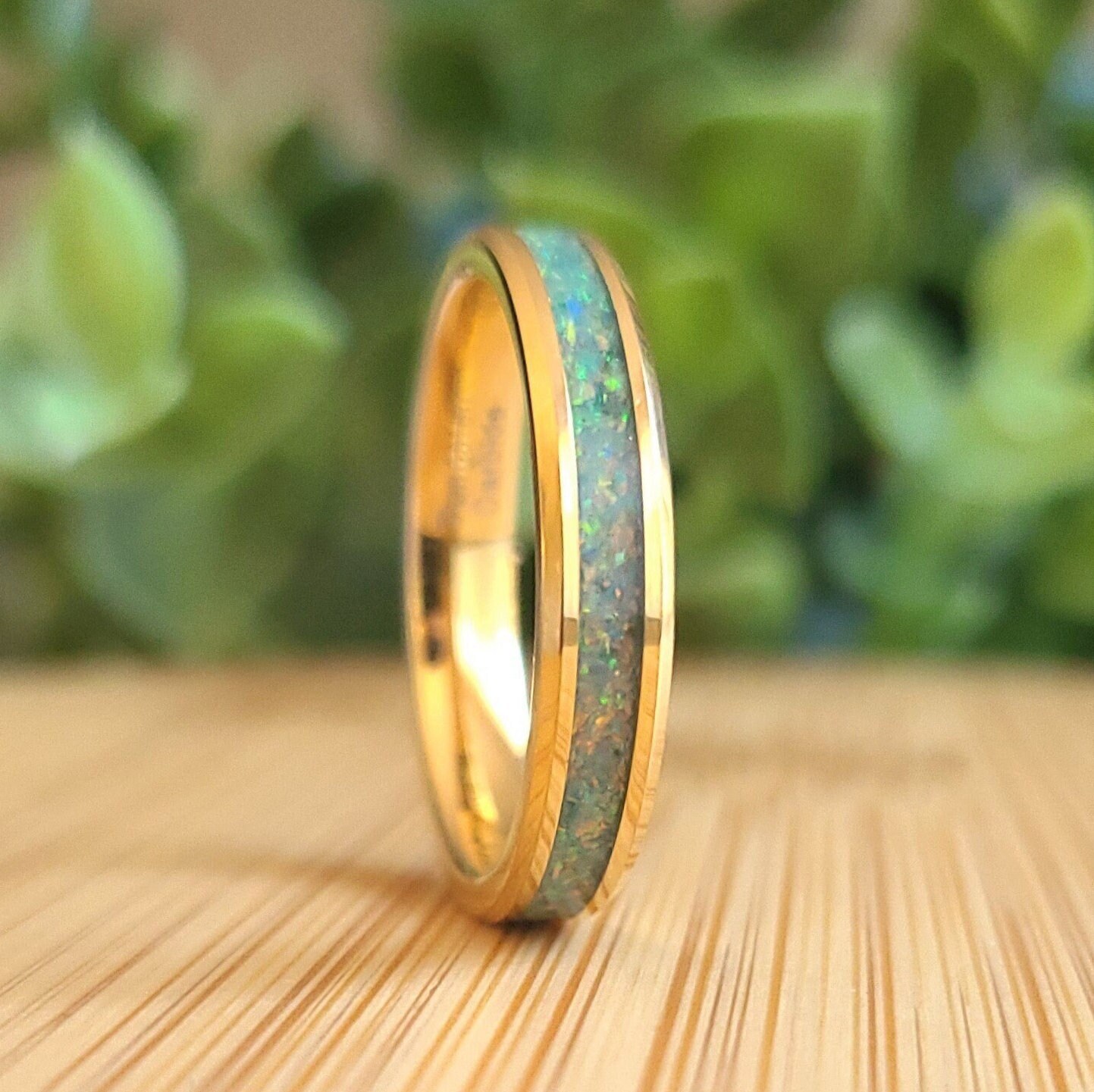 Opal Tungsten Gold Ring Wedding Band Thin Gold Ring 4mm Tungsten Wedding Band Crushed Light Green Opal Ring Wedding Band for Men Women
