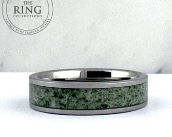 Moss Agate Tungsten Carbide Ring Wedding Band for Men Women, 6MM Silver Wedding Band, Green Moss Agate, Couples Wedding Band, Fathers Day