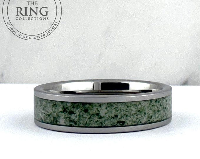 Moss Agate Tungsten Carbide Ring Wedding Band for Men Women, 6MM Silver Wedding Band, Green Moss Agate, Couples Wedding Band, Fathers Day