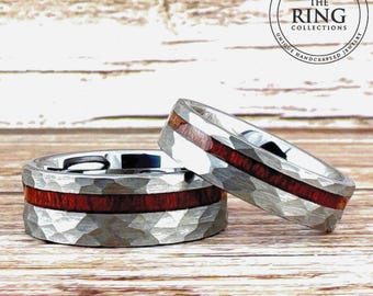 Silver Hammered Tungsten Ring with Wood Inlay for Men Women, Gray Silver Wedding Band, Silver Tungsten Ring with Koa Wood, Men Wedding Band