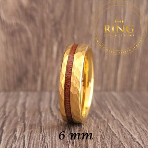 Gold Hammered Tungsten Ring for Men Women, Gold Tungsten Ring with Wood Inlay, Gold Wedding Band for Men Women, Gold Wood Ring Band for Men image 6