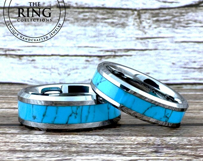 Turquoise Tungsten Ring Gray Wedding Band for Men Women Silver Color Polished Finish Western Ring Available in 4MM 6MM 8MM Promise Ring