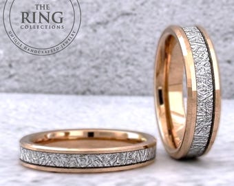 Rose Gold Tungsten Ring Wedding Band with Meteorite Inlay, Rose Gold Band for Men Women, 4MM, 6MM, 8MM, Meteorite Tungsten Ring, Anniversary