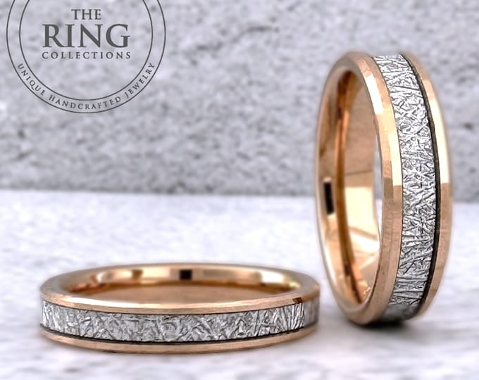 Rose Gold Tungsten Ring Wedding Band with Meteorite Inlay, Rose Gold Band for Men Women, 4MM, 6MM, 8MM, Meteorite Tungsten Ring, Anniversary
