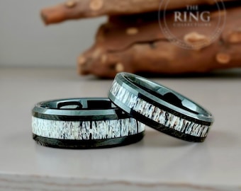 Black Engagement Tungsten Ring Deer Antler Inlay Matching Men Women Wedding Bands