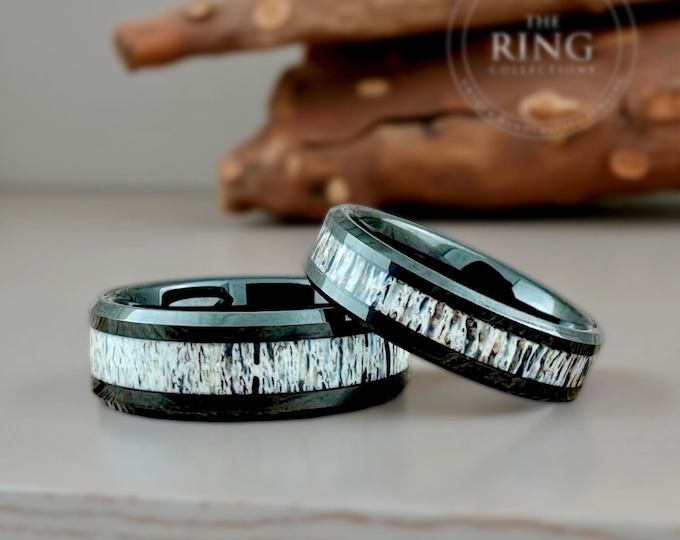Black Engagement Tungsten Ring Deer Antler Inlay Matching Men Women Wedding Bands