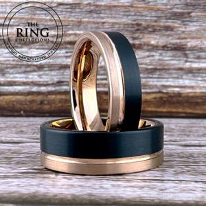 Rose Gold and Black Tungsten Ring Wedding Band for Men Women, Black Obsidian and Rose Gold Ring Band, Rose Gold Wedding Band, Anniversary
