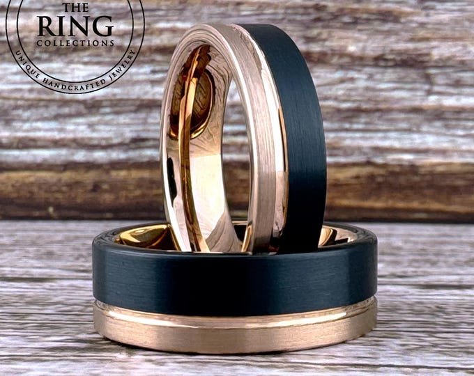 Black and Rose Gold Tungsten Carbide Ring Wedding Band for Men Women, Available in 4MM 6MM 8MM and Half Sizes