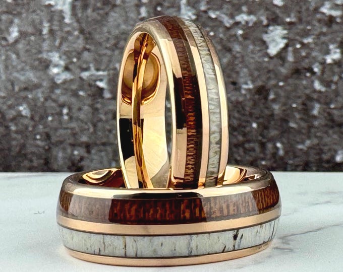 Rose Gold Tungsten Ring Wedding Band with Deer Antler and Koa Wood for Men and Women. Half Sizes available 4 to 15 in 6mm and 8mm.