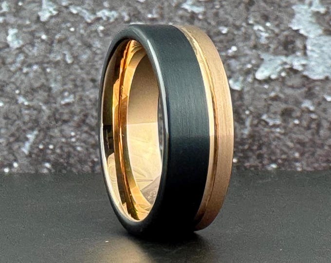 Black and Rose Gold Tungsten Carbide Ring Wedding Band for Men Women, Available in 4MM 6MM 8MM and Half Sizes