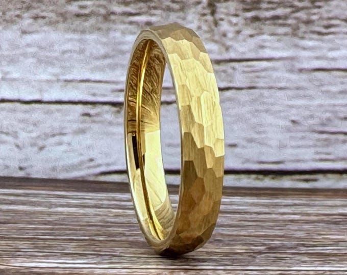 Men Women Gold Hammered Wedding Band Gold Comfort Fit Tungsten Band Engagement Anniversary Ring 4MM 6MM 8MM Great His and Hers Ring Set