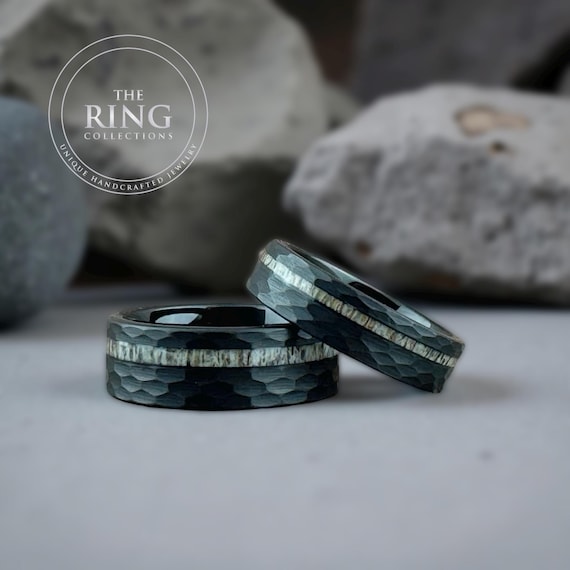 Black Tungsten Hammered Ring, 6MM 8MM, Wedding Band, Black Hammered Ring for Men, Deer Antler Tungsten Ring, Comfort Fit, Wedding Band Men