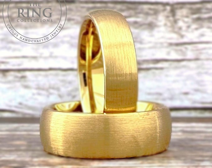 Gold Wedding Band Men Women Tungsten Ring Band Domed Brushed Gold Finish His and Hers Anniversary Gift 4mm 6mm 8mm