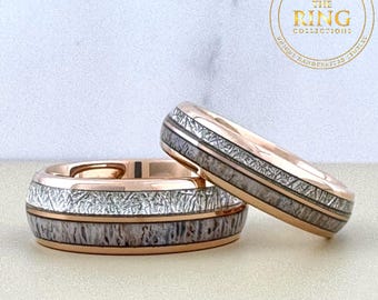Hammer Wedding Band with Deer Antler Meteorite Inlay Rose Gold Tungsten Carbide Ring for Men Women Pink Gold Engagement Band Love Ring Set