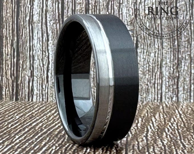 Men Black Silver Tungsten Ring Women Wedding Band Black Obsidian and Silver Gray Brushed Wedding Anniversary Band His and Hers Ring