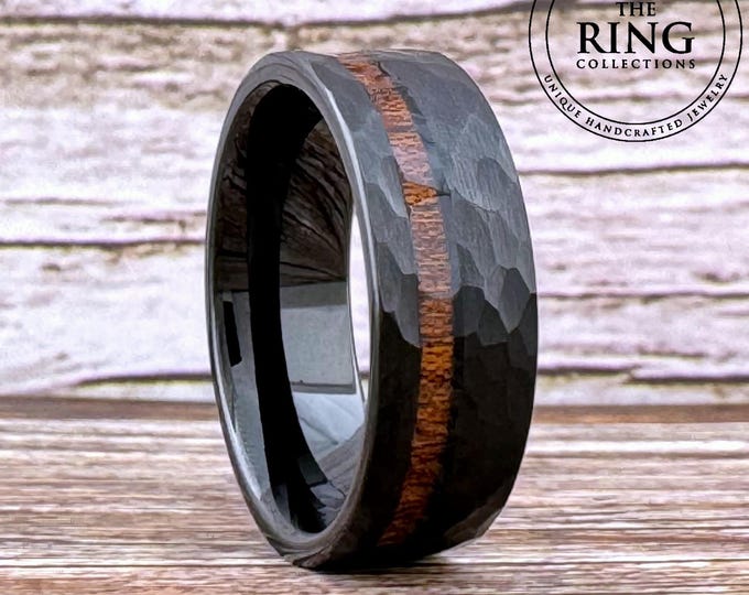 Black Hammered Tungsten Carbide Ring Wedding Band with Koa Wood for Men Women, Available in 4mm 6mm 8mm