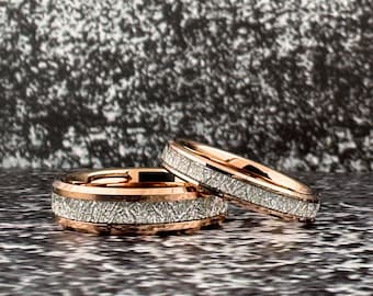 4mm 6mm 8mm Rose Gold Wedding Band with Meteorite Inlay, Rose Gold Tungsten Ring for Men Women, Meteorite Ring, Rose Gold Ring, Anniversary